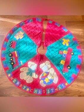 Vintage Teddy Bear and Train Quilted Christmas Tree Skirt - Red, Blue & Green